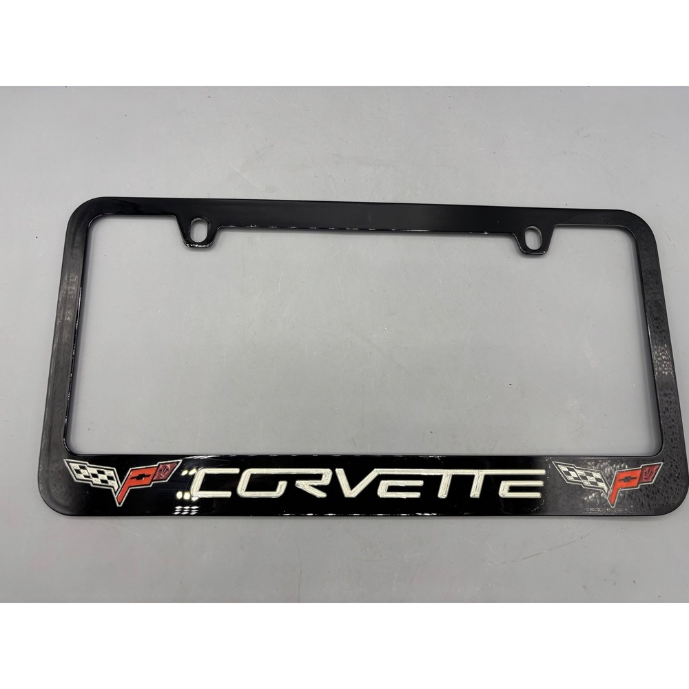 Chevrolet Corvette License Plate Frame Black Chrome Logo Crossed Flags Emblem